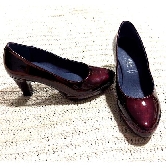 Dorking Fluchos Patent Leather Heels Pump Round Toe Womens Sz 7 EU 37 Spain Wine - Picture 1 of 12